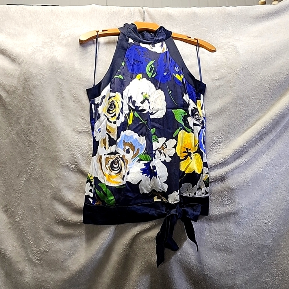 Cache brand size small flowered high neck sleeveless silk shirt.